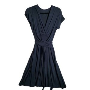 Garnet Hill Dress Womens Medium Stretch Knit Minimalist Tie Waist A Line Blue